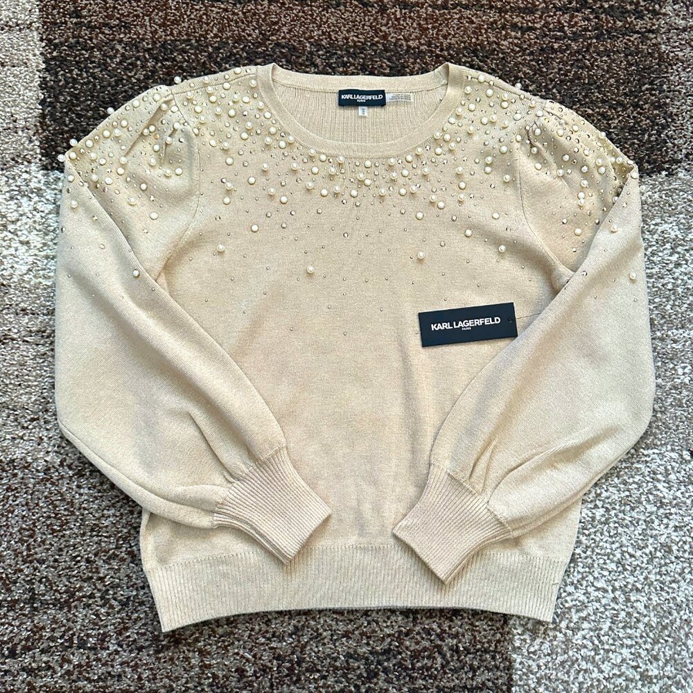 KARL LAGERFELD (M) Champagne Gold Imitation Pearl Embellished Crewneck Sweater